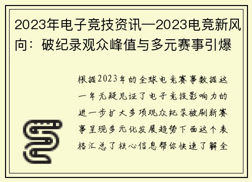 2023年电子竞技资讯—2023电竞新风向：破纪录观众峰值与多元赛事引爆全球热潮