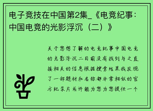 电子竞技在中国第2集_《电竞纪事：中国电竞的光影浮沉（二）》